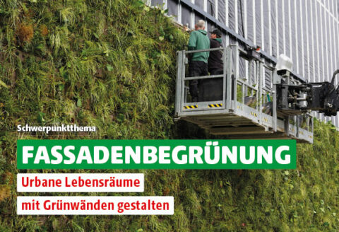 Männer arbeiten auf einer Hebebühne an einer begrünten Fassade